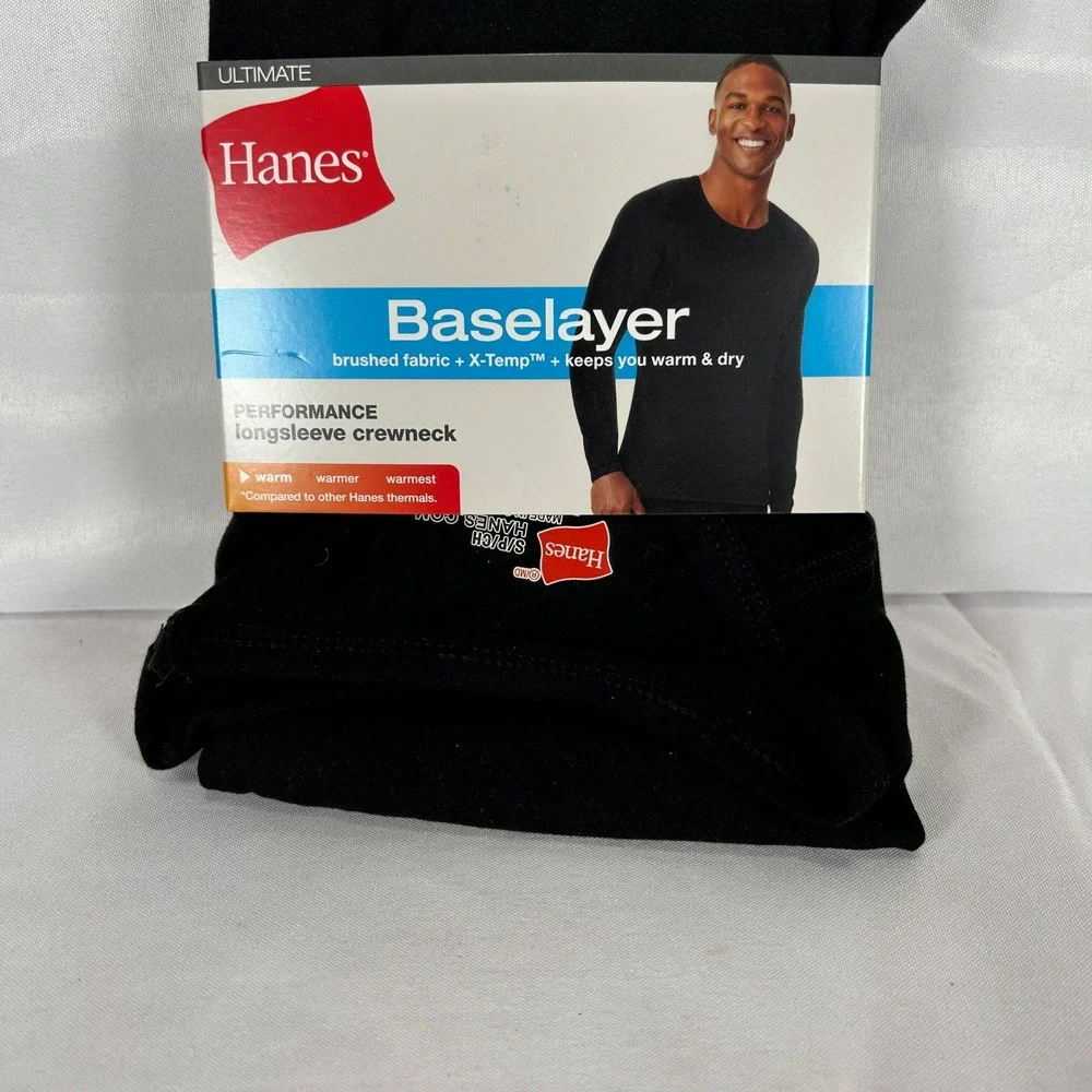 Hanes Ultimate Baselayer Performance Mens Small Black Long Sleeve Crewneck Shirt